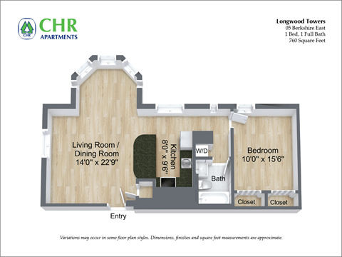 Floor plan for 1 bed, 1 bath, 760 sqft
